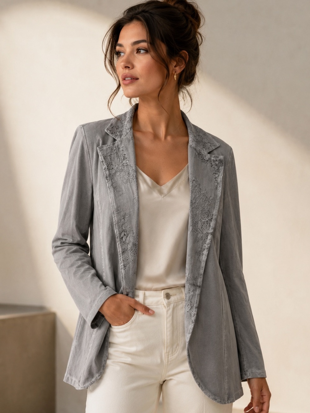 Made in Italy, Cotton Women’s Light Gray Lace-Trim Open Front Jacket